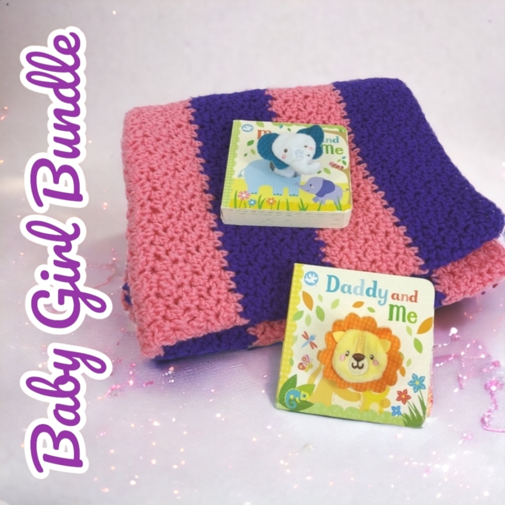 Baby Girl Bundle Homemade Crochet Blanket/ Little Learners Finger Puppet Books